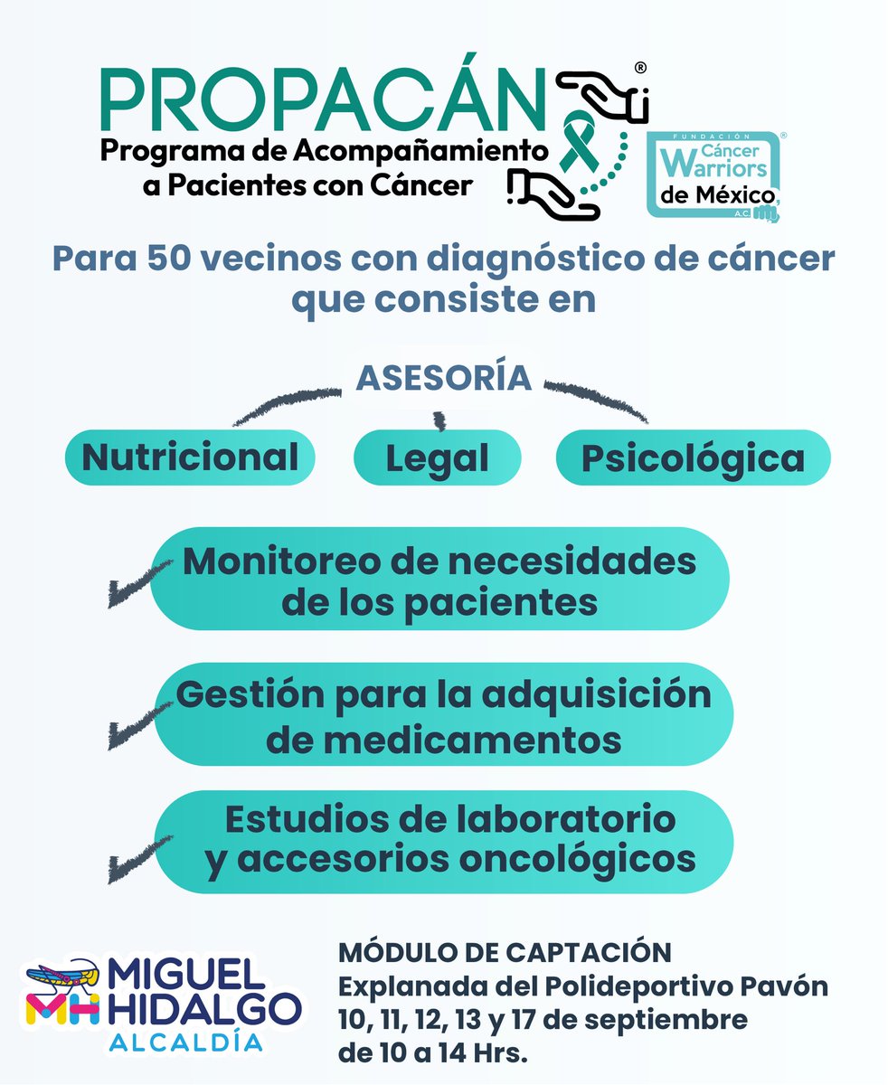 Si te diagnosticaron cáncer o conoces a alguien con esta enfermedad, ¡NO ESTÁS SOL@!, te invitamos a acercarte a <a href="/PROPACAN_MX/">PROPACÁN</a>, donde junto a <a href="/cancerwarriors_/">Fundación Cáncer Warriors de México</a> te brindaremos acompañamiento, apoyo nutricional, jurídico y psicológico.

📍Deportivo Pavón
📆Hasta el 17 de septiembre