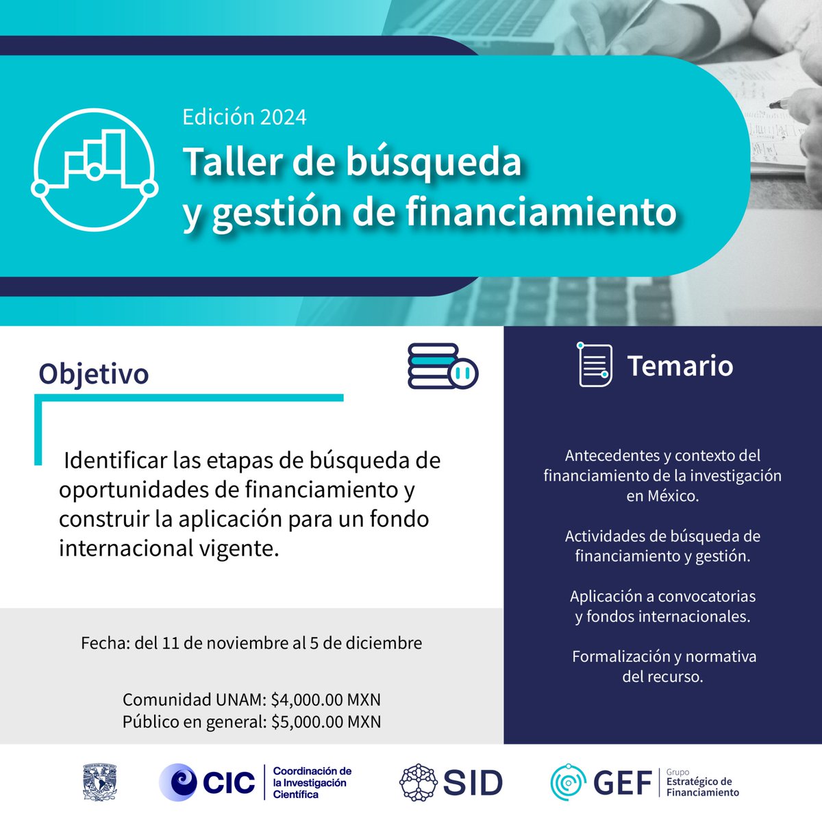 ¡Lleva tu proyecto al siguiente nivel! 

En el Taller de búsqueda y gestión de financiamiento aprenderás estrategias efectivas para obtener recursos y que tu proyecto académico sea de alto impacto. 

📅Iniciamos el 11 de noviembre
📝 Inscríbete aquí 👉 bit.ly/4d0EVOg