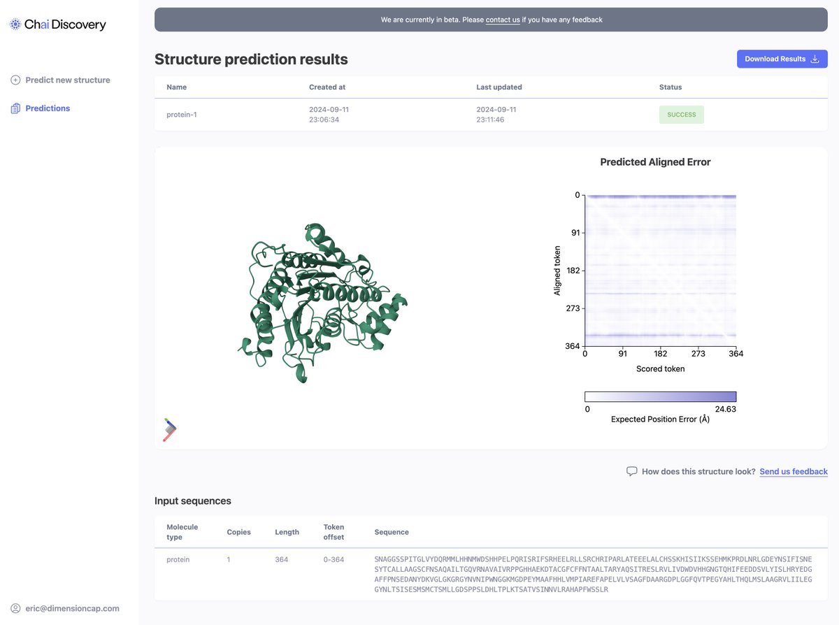 EricDai_BioE's tweet image. A good test for any structure prediction model is its predictive accuracy for novel entrants to the PDB.   
I just ran Chai-1 on structure 9CBK released yesterday on the PDB (and importantly not yet included in the training set for Chai-1).  🖥️🧬 
Chai-1 predicted 9CBK's…