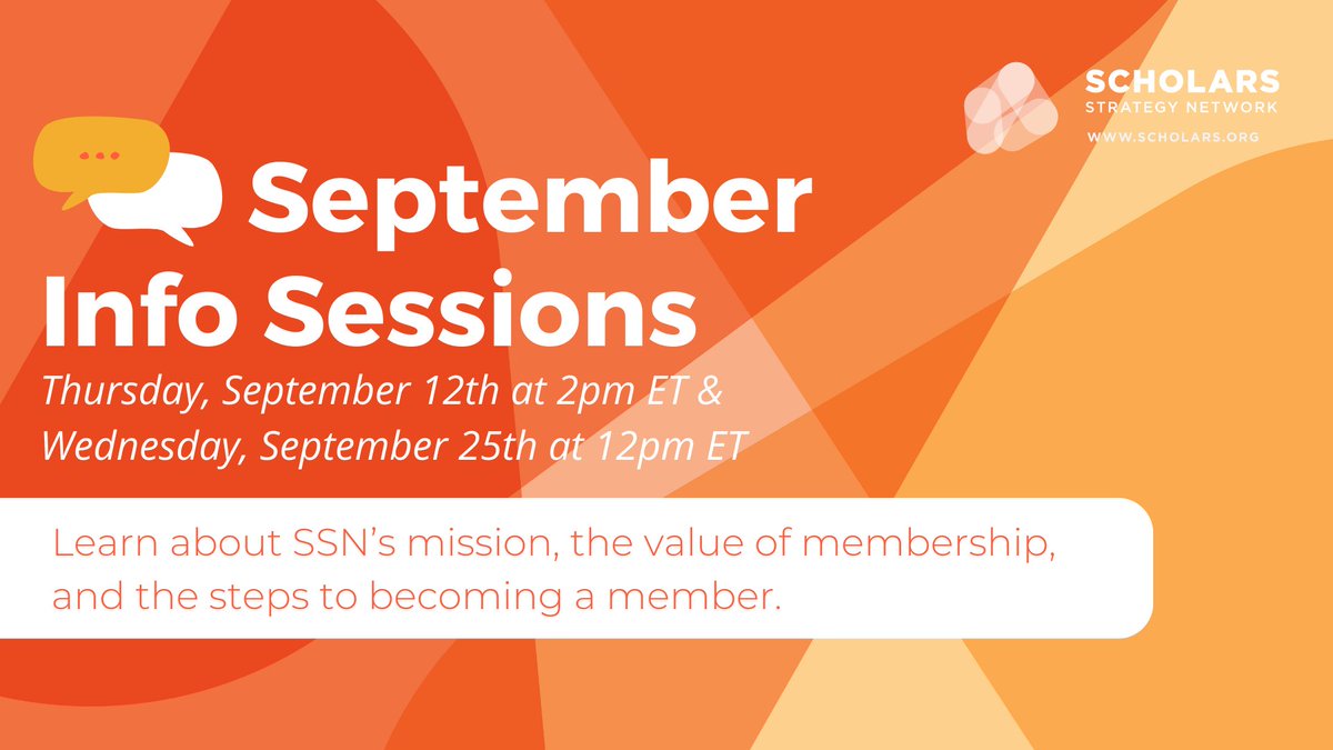 Scholars Strategy Network NYC (@scholars_nyc) on Twitter photo 📅 Interested in joining <a href="/SSNScholars/">Scholars Strategy Network (bsky: @scholars.org)</a>? Join our info session on Wed, Sept. 25th at 12pm ET to learn about our mission, membership benefits, and how to get involved! Take the first step to close the gap between research and policy.
➡️scholars.my.salesforce-sites.com/event/home/ssn…📷 📅 Interested in joining <a href="/SSNScholars/">Scholars Strategy Network (bsky: @scholars.org)</a>? Join our info session on Wed, Sept. 25th at 12pm ET to learn about our mission, membership benefits, and how to get involved! Take the first step to close the gap between research and policy.
➡️scholars.my.salesforce-sites.com/event/home/ssn…📷