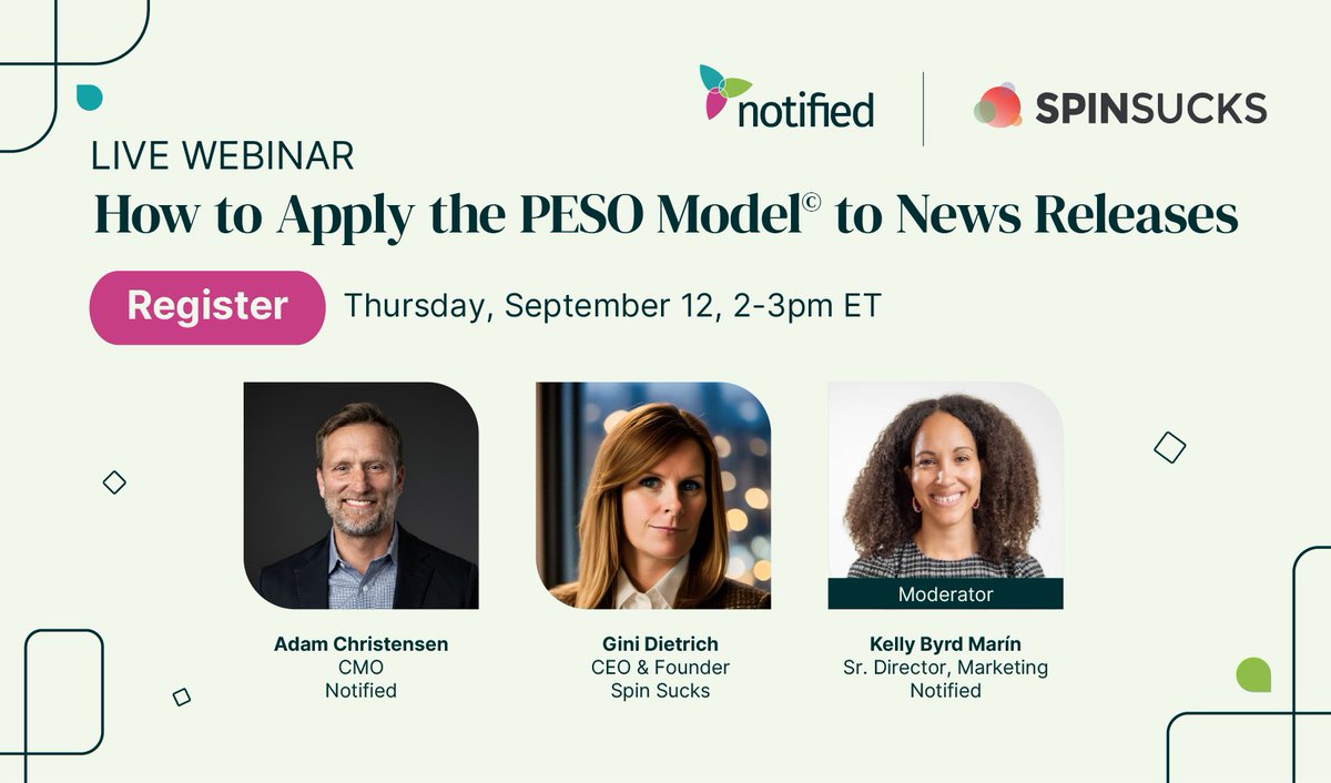 Notified's tweet image. In 30 minutes, we’re going live with @ginidietrich and Adam Christensen!

Learn how to measure news release effectiveness, prove value and identify criteria for impactful media coverage.

Join us there ➡️ ow.ly/kOL550Tly5p

#PESOModel #PR #PublicRelations