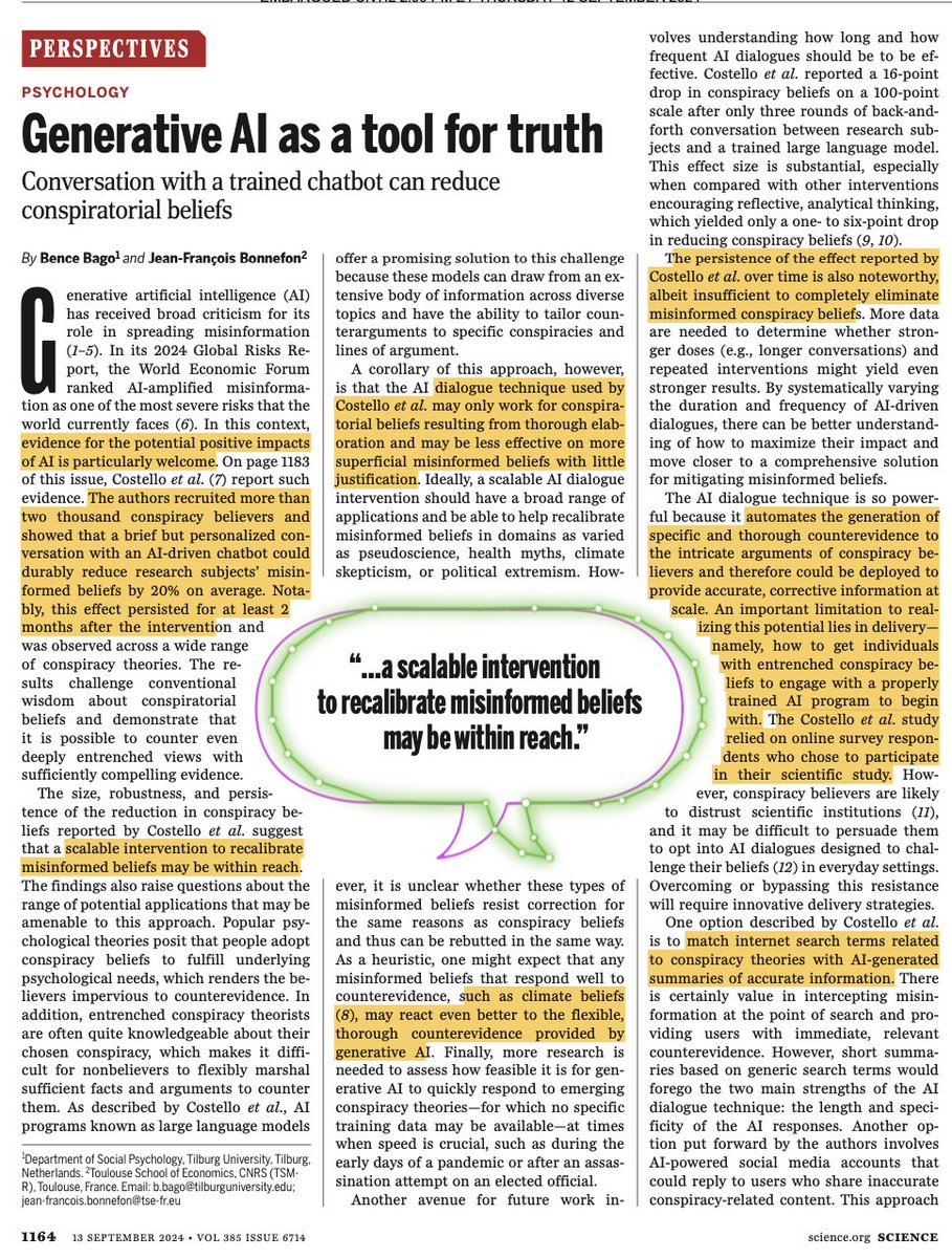 EricTopol's tweet photo. New @ScienceMagazine 
How to reduce belief in conspiracy theories?
Generative #AI !!
—Original research showing ~20% decrease, lasting at least 2 months, even among people whose beliefs are entrenched
https://t.co/yw9N6UIwYU
—Perspective https://t.co/qwvmish4yf
—Editorial (#ChatGPT to the Rescue?)
https://t.co/jyn2d4WXRQ