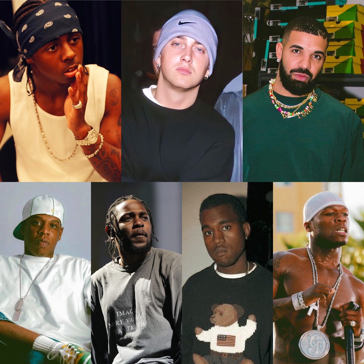 Which rapper here had the BEST prime? 🤔 ▫️Lil Wayne (2004-2009) ▫️Eminem  (1999-2004) ▫️Drake (2011-2016) ▫️Jay Z (1998-2004) ▫️Kendrick Lamar  (2012-2017) ▫️Kanye West (2004-2010) ▫️50 Cent (2002-2006), image size:1200x1200