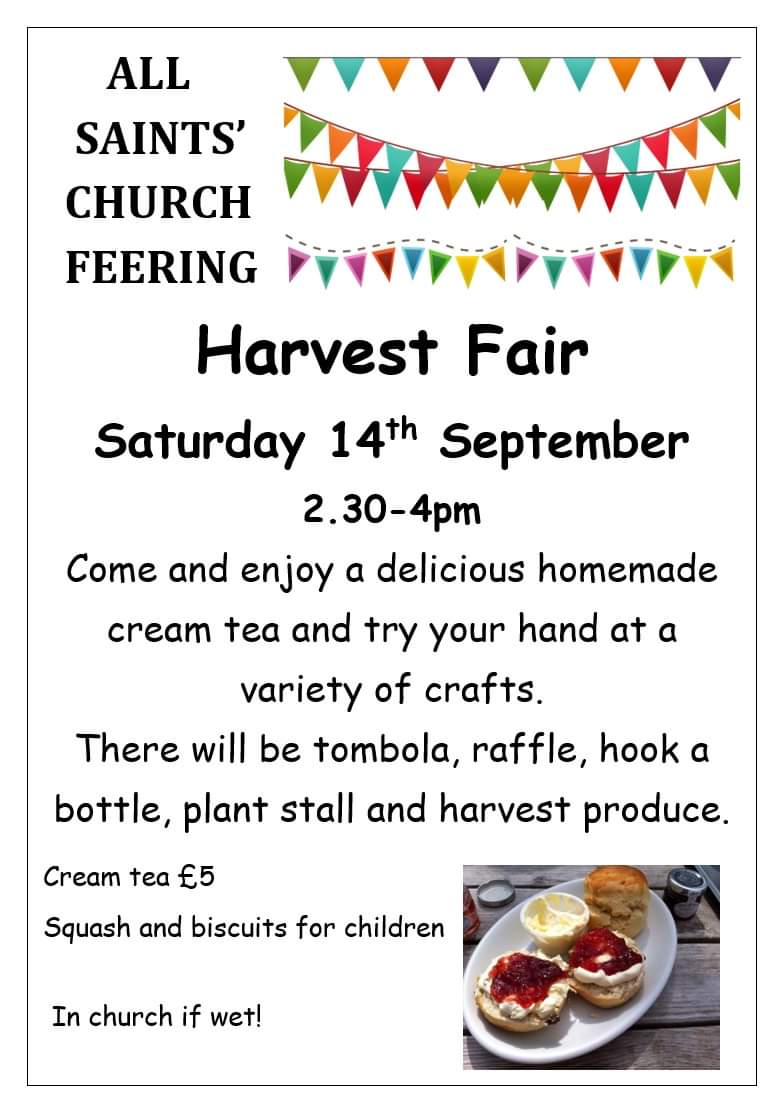 feeringchurch's tweet photo. Reminder: Harvest Fair &amp; Cream Tea - Sat 14 Sept 2.30-4.00pm. See poster for more details. We look forward to seeing you! #HarvestFair #CreamTea https://t.co/Z7AVqA2g8l
