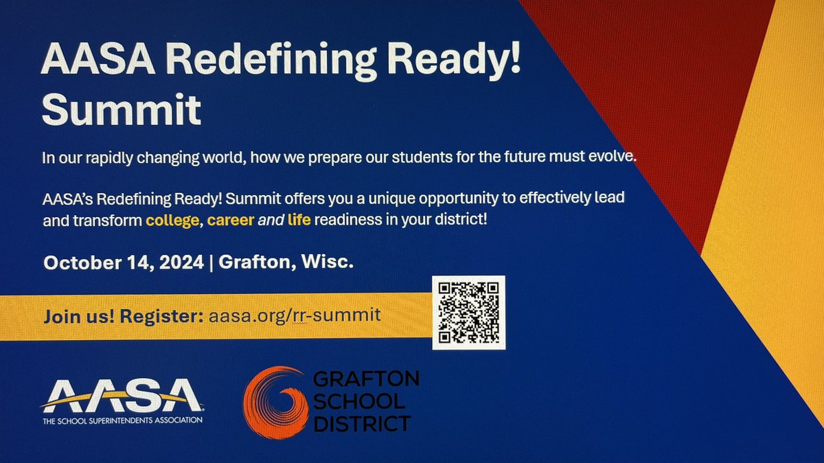 AASADebbie (@aasadebbie) on Twitter photo Join us 10/14 in Grafton, WI for the Redefining Ready! Summit! All K-12 educational leaders will benefit from this opportunity to network & learn about transforming the college, career, & life readiness of their students.
<a href="/AASAHQ/">AASA</a> <a href="/AASA_ED/">Dave Schuler</a> <a href="/NesmithEdu/">Christopher Nesmith</a> <a href="/KimMCantu/">Kimberley Cantu</a> <a href="/malloy_john/">John Malloy</a> Join us 10/14 in Grafton, WI for the Redefining Ready! Summit! All K-12 educational leaders will benefit from this opportunity to network & learn about transforming the college, career, & life readiness of their students.
<a href="/AASAHQ/">AASA</a> <a href="/AASA_ED/">Dave Schuler</a> <a href="/NesmithEdu/">Christopher Nesmith</a> <a href="/KimMCantu/">Kimberley Cantu</a> <a href="/malloy_john/">John Malloy</a>