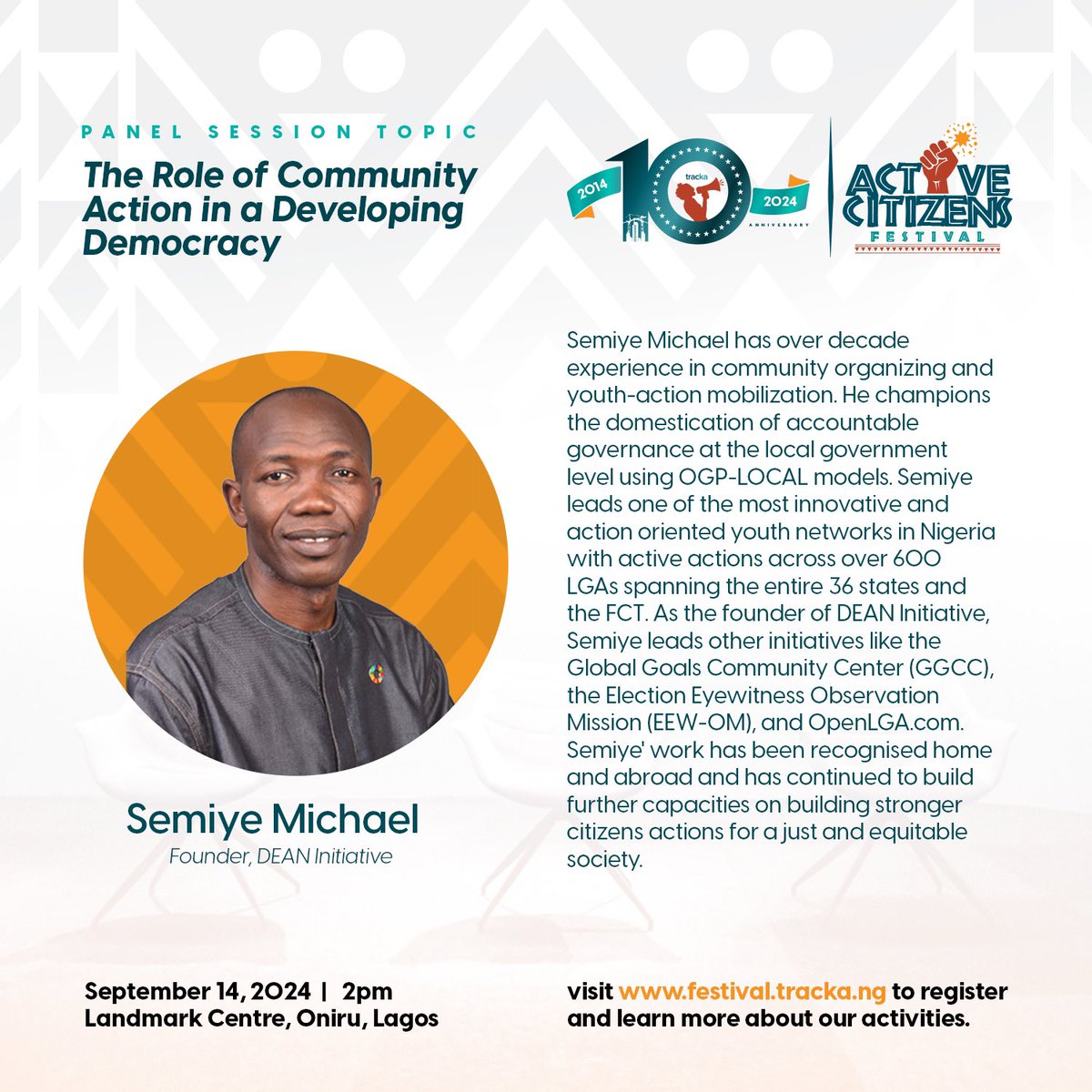 Tracka (@trackang) on Twitter photo MEET OUR SPEAKERS ⭐️
Its an absolute pleasure to have Semiye Michael, the founder of DEAN Initiative <a href="/DEANinitiative/">DEANinitiative</a> on our panel at the Active Citizens Festival this weekend 🎉
#trackais10
#activecitizensfestival
#buildingpeoplemouldingnations MEET OUR SPEAKERS ⭐️
Its an absolute pleasure to have Semiye Michael, the founder of DEAN Initiative <a href="/DEANinitiative/">DEANinitiative</a> on our panel at the Active Citizens Festival this weekend 🎉
#trackais10
#activecitizensfestival
#buildingpeoplemouldingnations