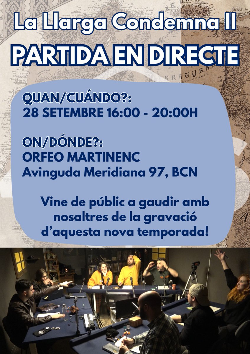 🎲 GRAVACIÓ EN DIRECTE‼️

✨ Dissabte 28/09 a les 16h vine a veure el 1er episodi de La llarga condemna II, segon llibre - Estrena el gener 2025!

📋 Apunta't al formulari i vine de públic a gaudir amb nosaltres! 

És el teu torn! 

docs.google.com/forms/d/e/1FAI…