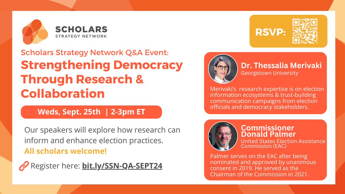 Scholars Strategy Network NYC (@scholars_nyc) on Twitter photo 🇺🇸🗳️ Interested in #Election research? Join <a href="/SSNScholars/">Scholars Strategy Network (bsky: @scholars.org)</a> for this September Q&A with <a href="/liamerivaki/">Lia Merivaki (Ph.D.)</a> & <a href="/VotingGuy/">Don Palmer 🍊🌴</a>! Discover how election research and policy intersect—and how you can leverage insights to strengthen #Democracy.
🔗Register now: scholars.my.salesforce-sites.com/event/home/ssn… 🇺🇸🗳️ Interested in #Election research? Join <a href="/SSNScholars/">Scholars Strategy Network (bsky: @scholars.org)</a> for this September Q&A with <a href="/liamerivaki/">Lia Merivaki (Ph.D.)</a> & <a href="/VotingGuy/">Don Palmer 🍊🌴</a>! Discover how election research and policy intersect—and how you can leverage insights to strengthen #Democracy.
🔗Register now: scholars.my.salesforce-sites.com/event/home/ssn…