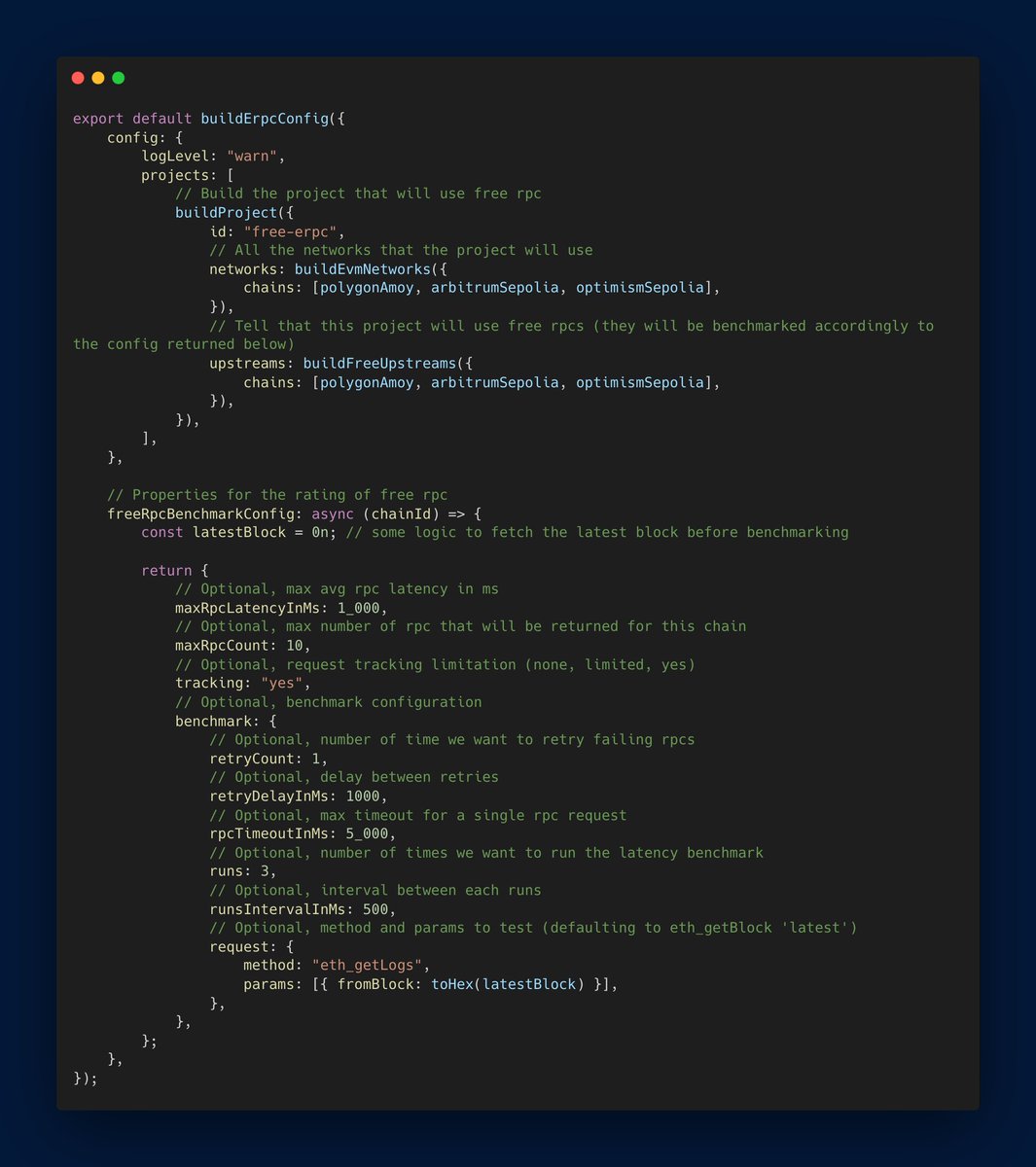 New in the <a href="/ERPC/">eRPC</a> config-generator helper: now supports free RPC fetching + benchmarking!

🚀 Set up a robust dev env with zero RPC costs in seconds 
🛠️ Fully customizable rpc benchmarking
🔍 Optimize for specific methods (e.g., eth_getLogs for indexing)