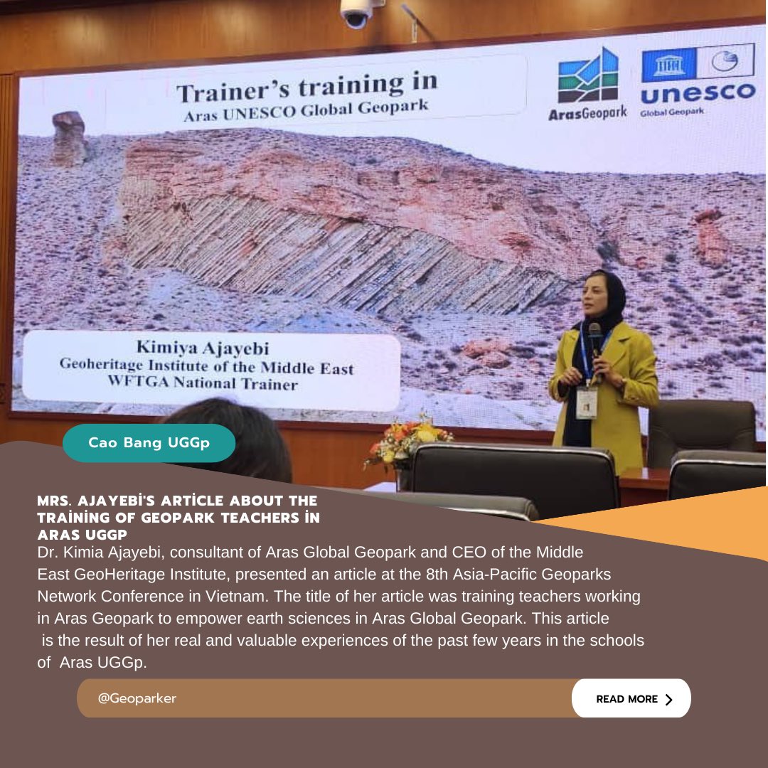 Geoparker8's tweet photo. Dr.Ajayebi, consultant of Aras Global Geopark and CEO of the #Geohim , presented an article at the 8th Asia-Pacific Geoparks Network Conference in Vietnam. The title of her article was training teachers working in Aras Geopark to empower earth sciences in #arasuggp https://t.co/2wPBD4QIxE