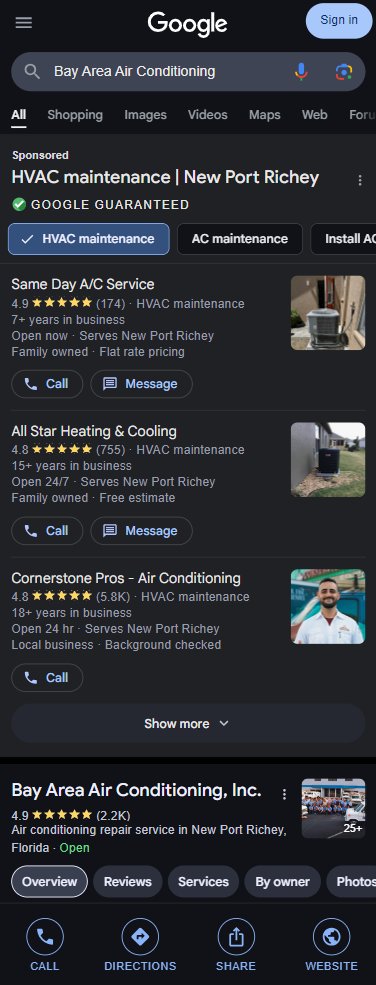 MattCasady's tweet photo. Hi Ginny @adsliaison, we found another example of the system interpreting a brand query as non-brand in LSAs. Could you please look into this?

When searching for the brand "Bay Area Air Conditioning" from Crystal River, FL, and New Port Richey, FL, LSAs should not be showing. https://t.co/YsCMCHfoEr
