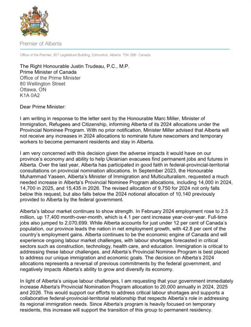 MarcMillerVM's tweet photo. Premier Smith’s standing request this year to the Federal Government for 30,000 permanent residency spots necessary to strengthen the Alberta economy. 👇 https://t.co/irqSK3KMOy