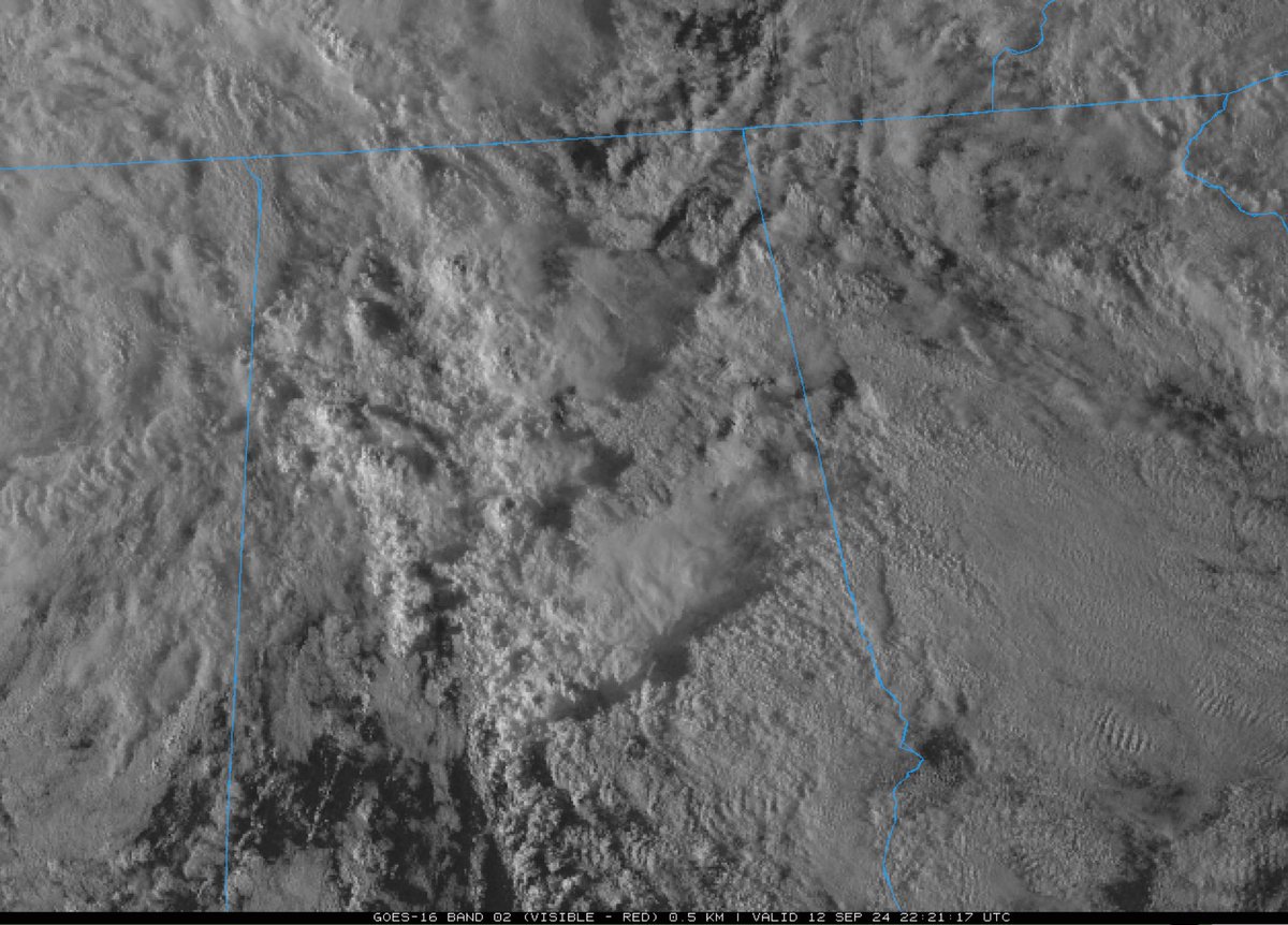 wxhistorian's tweet image. This visible satellite image of the shadows cast by the setting sun off the low topped convection over Central Alabama may qualify as one of the best sunset pictures of the day, although, with a few breaks in the clouds, the @Spann Army may still find a better one!