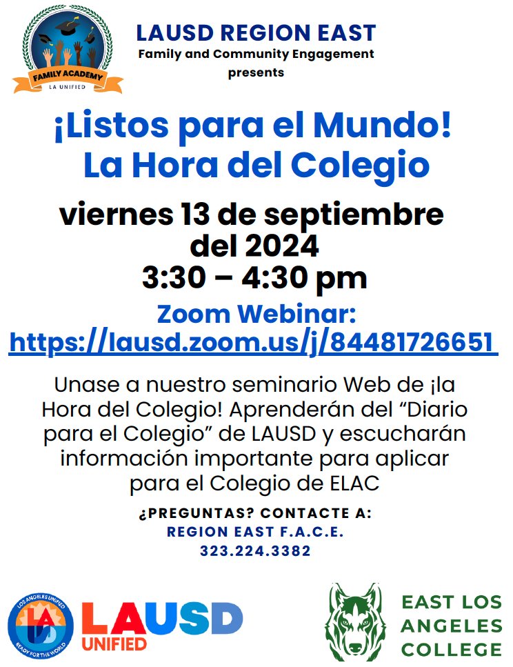 EastLANetwork's tweet photo. Join our Family Academy this Friday via Zoom Webinar. Learn about our "College Hour" Series this year and the LAUSD College Journal. https://t.co/JBFXOr9Cg5