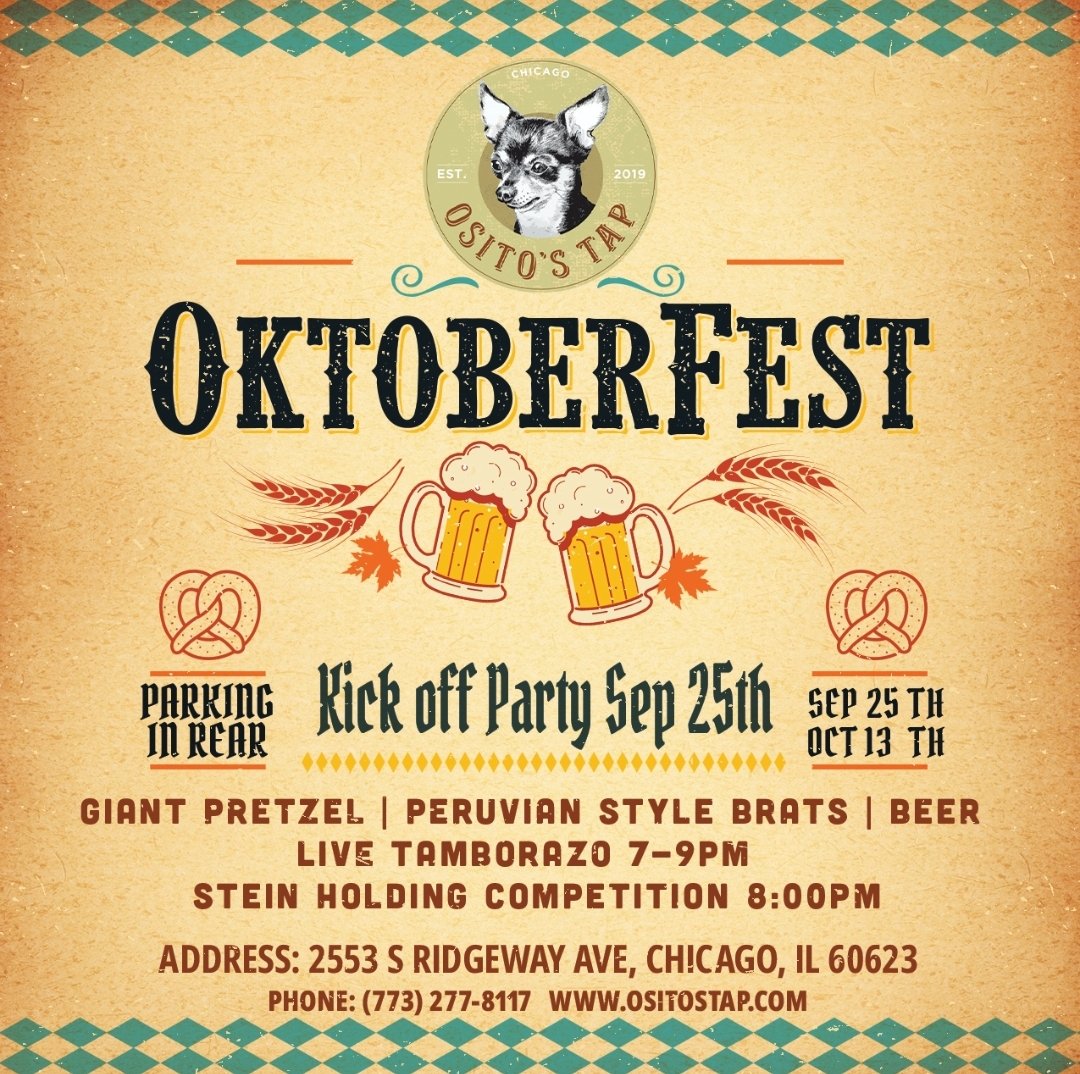 OsitosTap's tweet photo. 🍻Come on out for our 4th annual Latin Flair Oktoberfest! 🍻

Join us for live Tamborazo (Polka Band)📯 from 7-9pm and a Stein holding competition at 8pm! https://t.co/WZ70zMSTmw