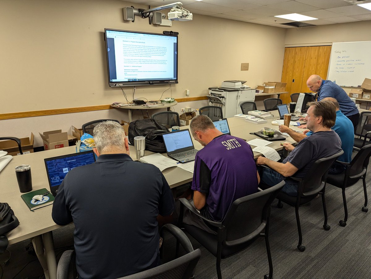 Our amazing Automotive instructors working with Jon Anderson, our Coordinator of CCR, on completing a self assessment on our progress with meeting the Automotive Service Excellence (ASE) accredited training facility (NATEF) requirements for all three high schools.