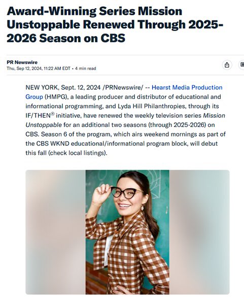 Excited about two more great seasons of ”Mission Unstoppable” on CBS! Congratulations Lyda Hill Philanthropies, Geena Davis Institute, and the team at <a href="/HearstMPG/">Hearst Media Production Group</a>.