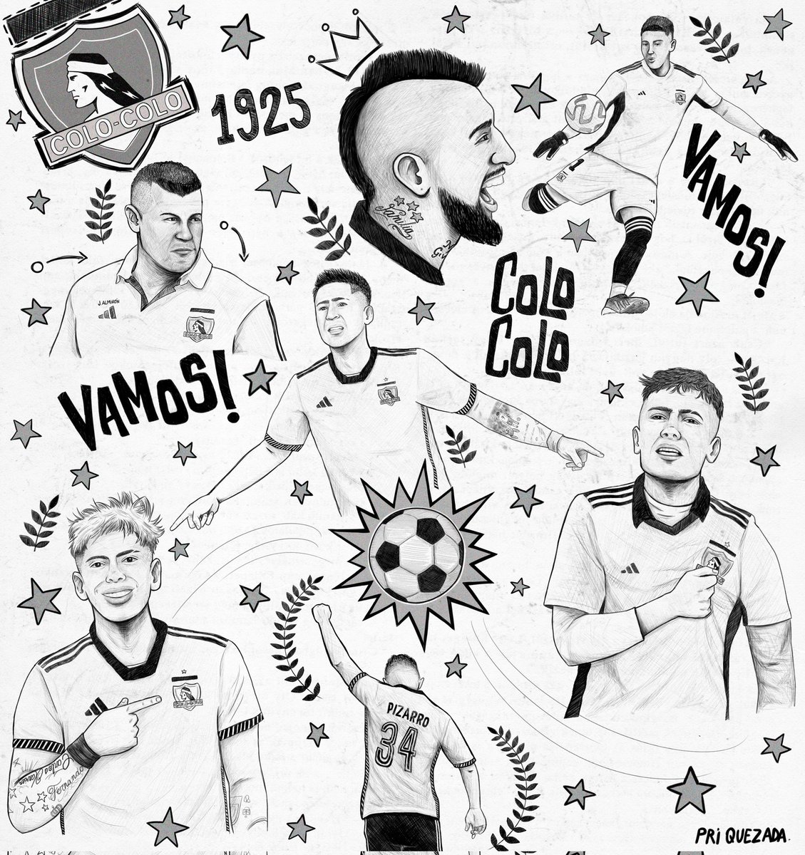 pri_quezada's tweet photo. Ilustración de algunos jugadores que no había dibujado ✍🏽 Vidal, Paiva, Cortés, Palacios, Zavala y agregué un nuevo dibujo de Pizarro como apoyo para su pronta recuperación🙏🏼 También dibujé a Almirón que tampoco lo había hecho ✍🏽
Espero que les guste✨
VAMOS COLO COLO!!!❤️🏁
#art https://t.co/nRAvhDKpiI