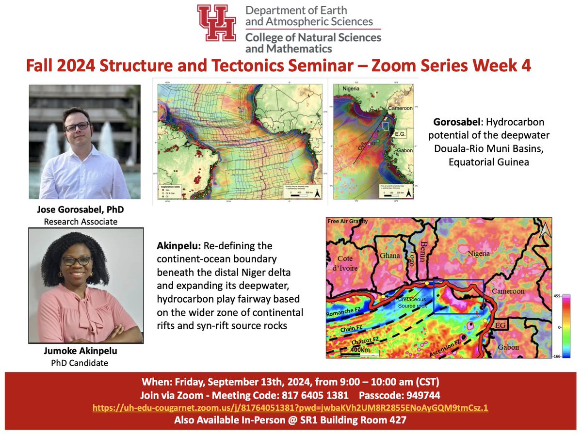 You are welcome to join the Fall 2024 Structure and Tectonics Seminar on Friday from 9-10 am. Both in-person and virtual options are available (see the bottom of the flyer below for more info). Jose and Jumoke will be presenting some of their research work.