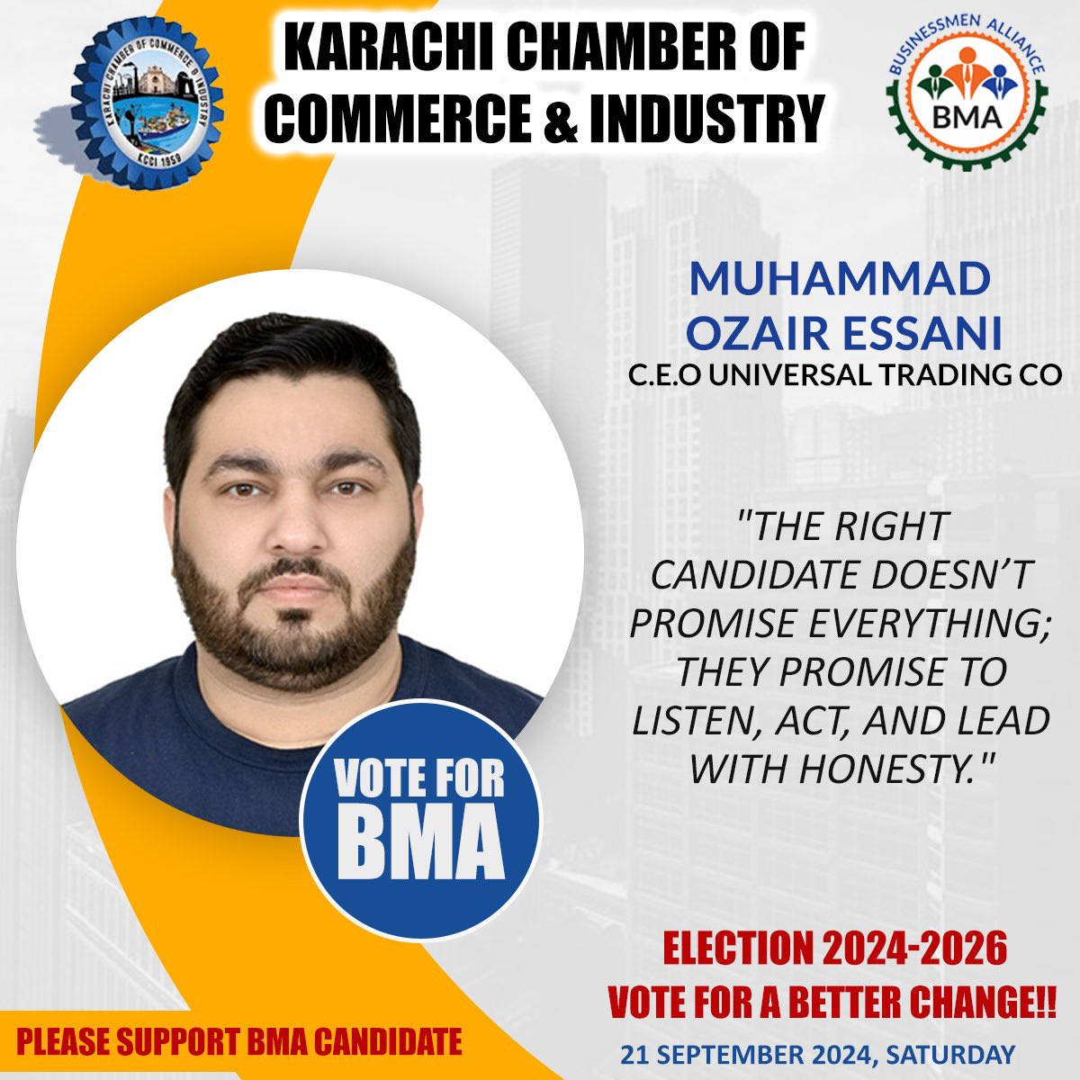 essanishipping's tweet photo. Please Support Muhammad Ozair Essani in 2024-2026 Elections Muhammad Ozair Essani #KCCI #BMA  #BuisnessmanAlliance Pannel. 
Karachi Chamber of Commerce 
#essanigroup #Essanishipping #ozairessani 
#essanisgroupofcompanies #ary #media #jang #KCCIElection #timesofkarachi #tok https://t.co/DdpKJzBNGX