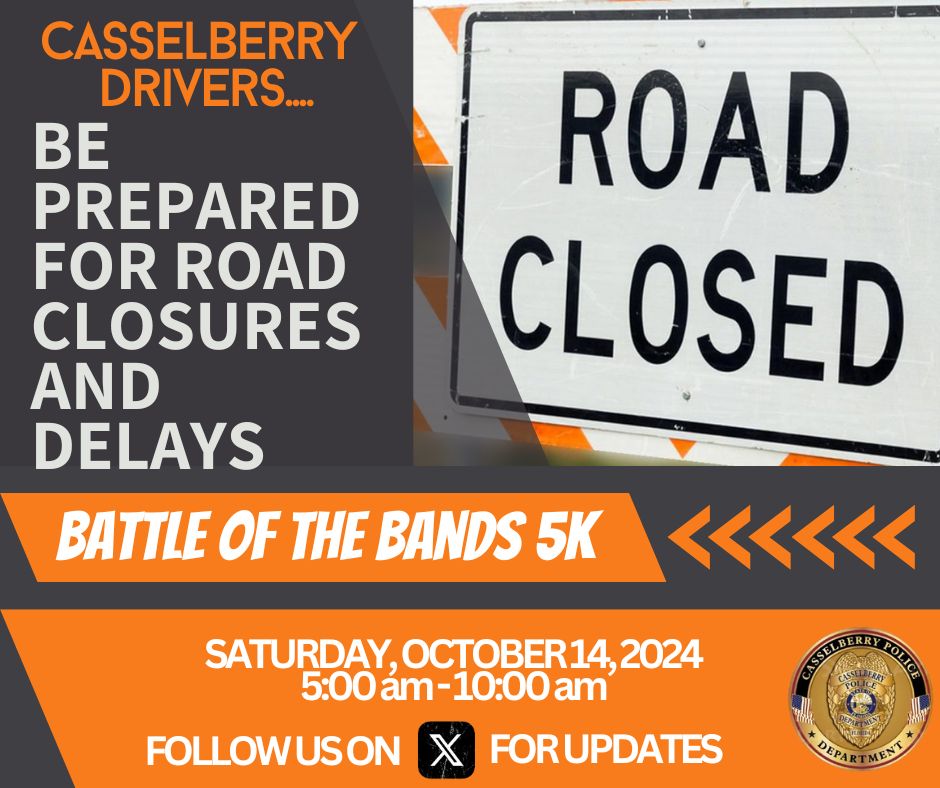 TRAFFIC ALERT:
On Saturday, September 14, 2024, the annual Battle of the Bands 5k will be taking place throughout the City of Casselberry. Motorists should plan accordingly and be aware of traffic delays and road closures. Roads will be closed from 5:00 AM until 10 AM.