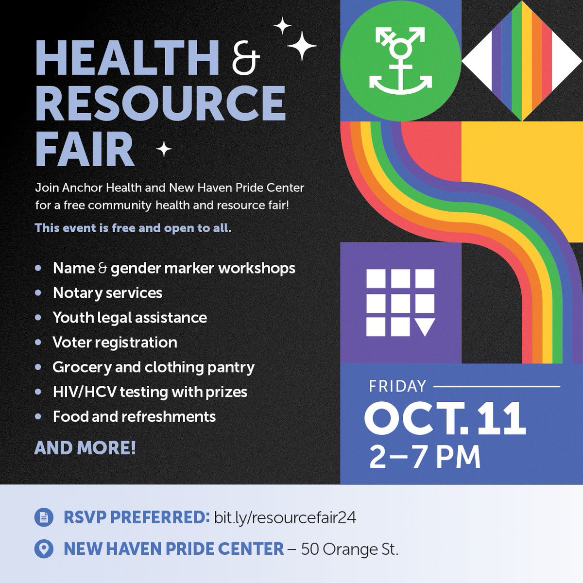 anchorhealthct's tweet photo. Join us for a free community health and resource fair on Friday, October 11! ❤️

📅 Friday, October 11
🕑 2–7 pm
📍 New Haven Pride Center

RSVP: https://t.co/MIPfnWFeSg https://t.co/0ayV04In3w