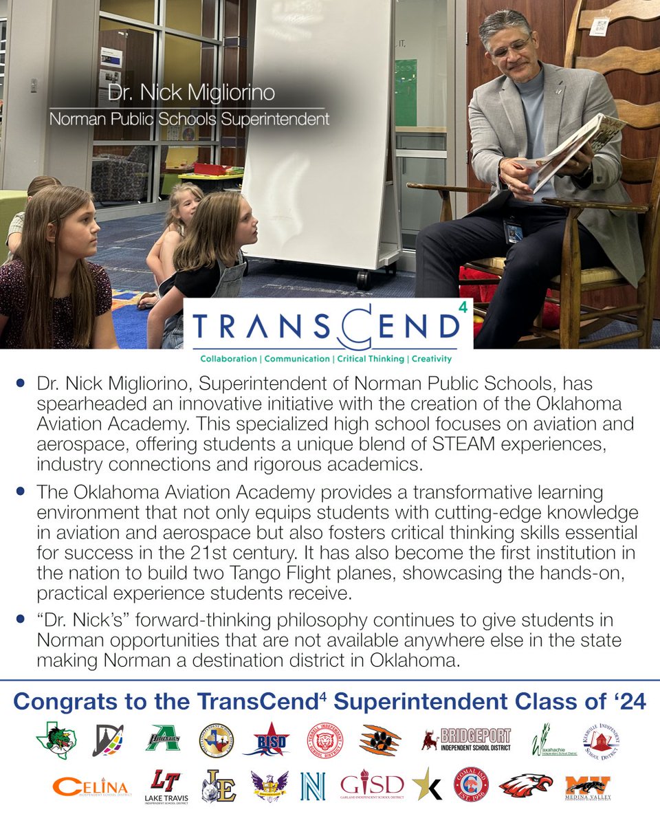 TransCend4 (@tcend4) on Twitter photo Our next member of the <a href="/TCend4/">TransCend4</a> Superintendent Class of '24 is changing how people in his community think about education. Dr. Nick Migliorino has found innovative ways to engage the students in Norman & prepare them for success. We're lucky to work closely with leaders like this. Our next member of the <a href="/TCend4/">TransCend4</a> Superintendent Class of '24 is changing how people in his community think about education. Dr. Nick Migliorino has found innovative ways to engage the students in Norman & prepare them for success. We're lucky to work closely with leaders like this.
