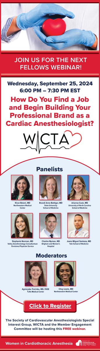 Join WICTA for the Next Fellows Webinar!  
Wednesday, September 25 at  PM -  PM EST.  Targeted to fellows but ALL are welcome to join! Current attendings, future fellows, and all residents 
Hear from the experts on "How Do You Find a Job and Begin Building Your Professional Brand