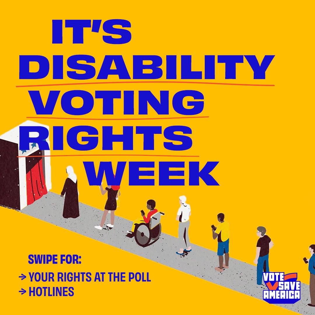 votesaveamerica's tweet photo. This week is #DisabilityVotingRightsWeek! Everyone should able to cast their vote safely, fairly and accessibly!
📝 We’ve put together a lot of information about your rights at the polls and how we can all help make voting more accessible for everyone!
#VoteSaveAmerica #Vote https://t.co/FGZdUVTslu