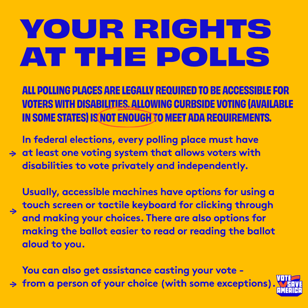 votesaveamerica's tweet photo. This week is #DisabilityVotingRightsWeek! Everyone should able to cast their vote safely, fairly and accessibly!
📝 We’ve put together a lot of information about your rights at the polls and how we can all help make voting more accessible for everyone!
#VoteSaveAmerica #Vote https://t.co/FGZdUVTslu