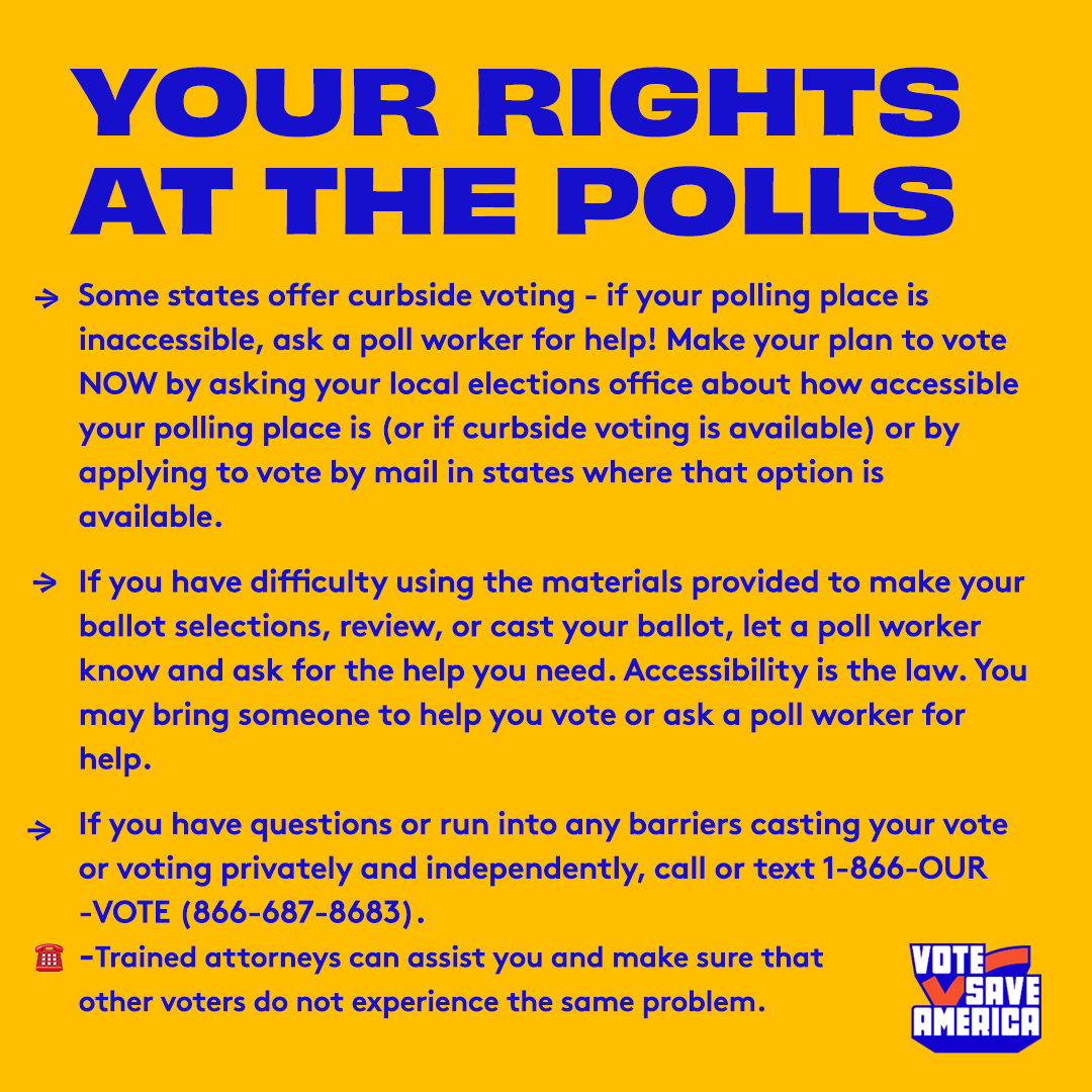 votesaveamerica's tweet photo. This week is #DisabilityVotingRightsWeek! Everyone should able to cast their vote safely, fairly and accessibly!
📝 We’ve put together a lot of information about your rights at the polls and how we can all help make voting more accessible for everyone!
#VoteSaveAmerica #Vote https://t.co/FGZdUVTslu