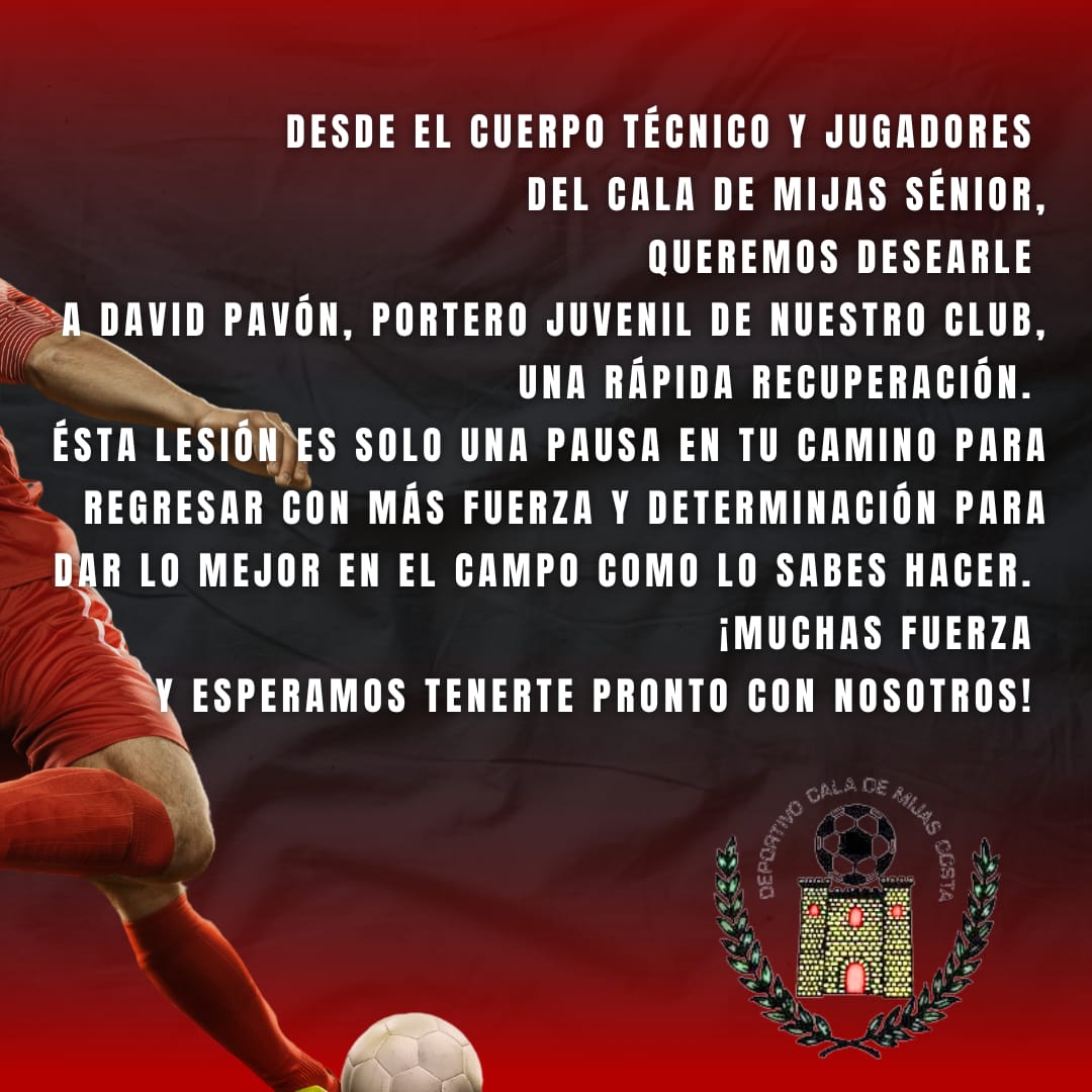 dmerrip's tweet photo. ¡Vamos David  Pavón! A no aflojar.  Pronto estarás dándolo  todo en el campo. 💪
Desde el Cuerpo Técnico  y jugadores del equipo Senior  del Club  Cala de Mijas, te mandamos un fuerte abrazo y pronta recuperación. 

Daniel Merip 
Entrenador Senior Cala de Mijas https://t.co/AUAfJRVZFH