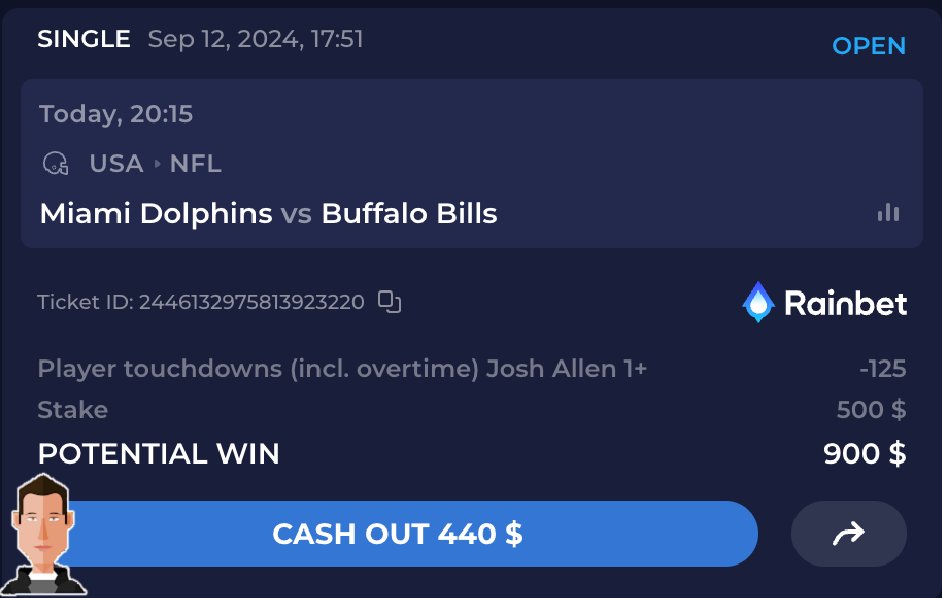 If Josh Allen scores a Touchdown tonight, I'll give $100 to someone who likes/RTs and comments.

Bet placed on <a href="/rainbetcom/">Rainbet.com</a> 🔥

Join using code "Dov" for a 20% free bet on your first loss.