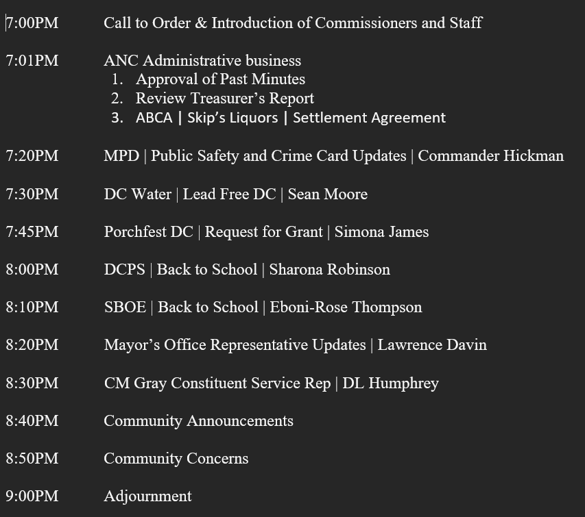 .<a href="/ANC7C/">ANC7C</a> monthly mtg tonight! We meet every 2nd Thursday @ 7PM. Here's the agenda: <a href="/DCPoliceDept/">DC Police Department</a> <a href="/OPinDC/">DC Office of Planning</a> <a href="/dcwater/">DC Water</a> <a href="/DCPS_Community/">DCPS Community Action Team (CAT)</a> <a href="/DCSBOE/">DC State Board of Ed</a> <a href="/DCMOCRS/">DC MOCRS</a> <a href="/VinceGrayWard7/">Vince Gray</a> <a href="/DCGov_ABCA/">DCGov_ABCA</a> #Ward7 <a href="/DeanwoodDCA/">Deanwood Citizens Association</a> <a href="/CapitolViewDC/">Capitol View Civic Association</a> @NEBoundaryCA <a href="/MayorBowser/">Mayor Muriel Bowser</a> <a href="/DC_OCA/">CA Kevin Donahue</a> <a href="/DOEE_DC/">Department of Energy & Environment</a> <a href="/DCDPW/">DC Department of Public Works</a> <a href="/DDOTDC/">DDOT DC</a> <a href="/CouncilofDC/">Council of DC</a>