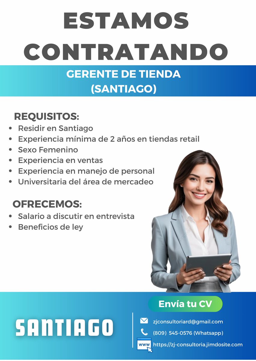 zujav's tweet photo. Estamos buscando gerente de tienda para Santiago, si cumples con los requisitos envíanos tu cv a ZJconsultoríard@gmail.com https://t.co/dEiXtpaVEE