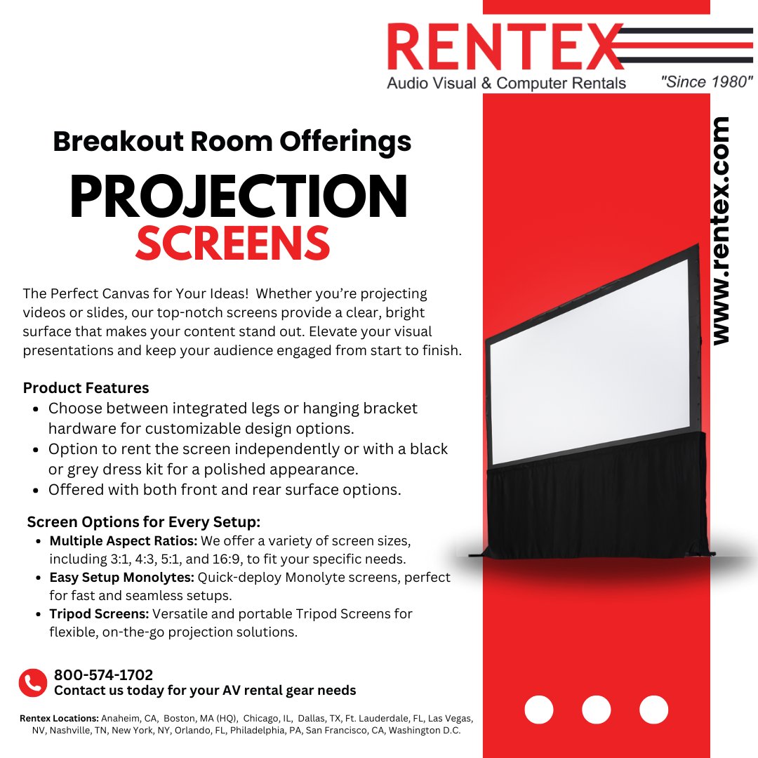 rentexrentals's tweet image. Set up your breakout room quickly with Monolyte screens! 

🖥️ Which aspect ratio do you prefer for events? A) 3:1 B) 4:3 C) 16:9. Vote and tell us why!  Explore more AV gear at rentex.com
#ScreenSolutions #BreakoutRooms #AVRental