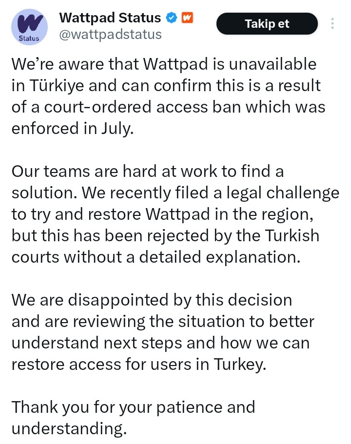talatdincer's tweet photo. #Wattpad, Türkiye'deki erişimini yeniden sağlamak amacıyla hukuki bir itirazda bulunuyor, ancak bu itiraz Türkiye mahkemeleri tarafından ayrıntılı bir açıklama yapılmaksızın reddediliyor. 

Adaletin terazisiyle oynamayın! 

Adalet bir gün herkese lazım olacak; bugün hukuku hiçe sayanlar, yarın adalete en çok ihtiyaç duyanlar olabilir!