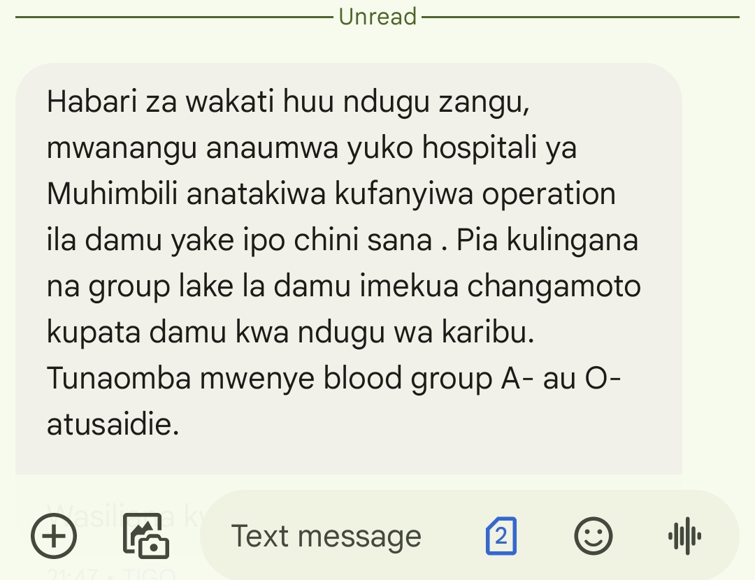 Anaomba msaada kuchangiwa damu  ili mtoto wake afanyiwe operation. 
Blood group A- au O- 
 Namba 0765858584.  Kindly RT 🙏