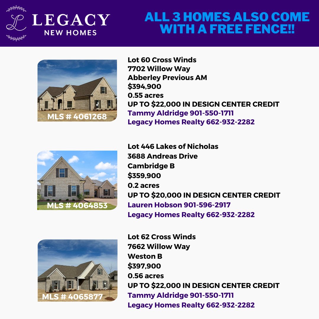 LegacyNewHomes0's tweet photo. We’ve got an incredible, limited-time offer on three homes! For Lots 60 and 62 in Crosswinds, and Lot 446 in The Lakes of Nicholas, you’ll get the Buyer’s Bonus **plus a FREE fence**! These homes won’t last long with this added incentive—act fast before they’re gone! https://t.co/iA1kgQJpZ7