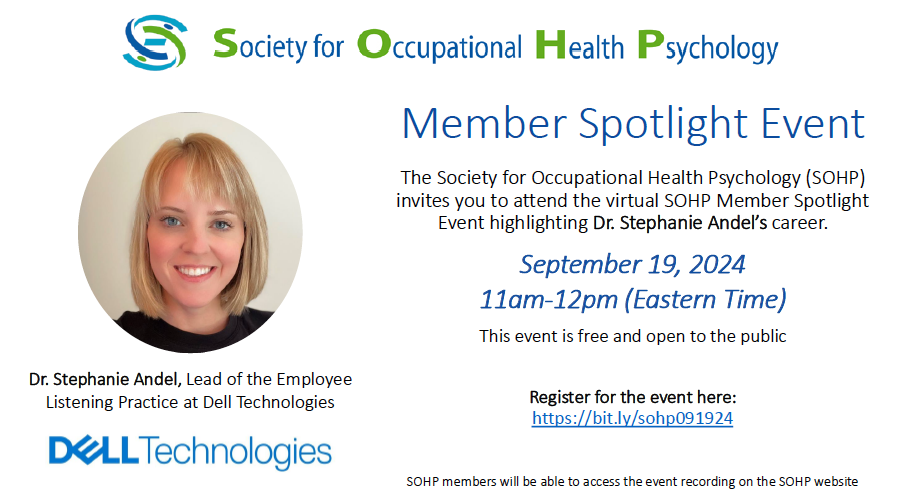 This is a friendly reminder that SOHP will host a member spotlight event on September 19, 2024, at 11am (eastern time), featuring Dr. Stephanie Andel, who leads the Employee Listening Practice at Dell Technologies. Register here: bit.ly/sohp091924 🎉