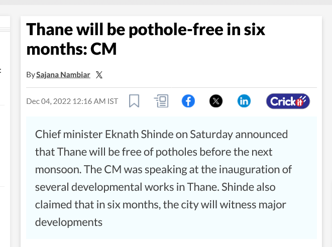 navimumbaicv's tweet photo. In 2022 CM @mieknathshinde said Thane will be pothole free.
Its almost end of 2024
Still his 6 months are yet to complete. https://t.co/W7sVfFIHhX