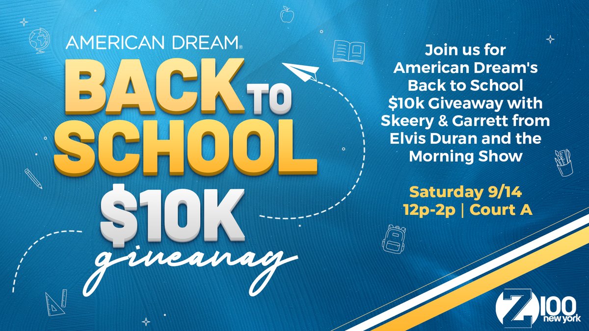 Elvis Duran Show (@elvisduranshow) on Twitter photo Join <a href="/SkeeryJones/">Skeery Jones</a> and <a href="/GarrettVo/">Garrett</a> for the American Dream Back to School $10K Giveaway this Saturday from 12p-2p in Court A! They will be giving away $10,000 in <a href="/americandream/">American Dream</a> Back to School spending cash along with tickets to <a href="/Dreamworks/">DreamWorks Animation</a> Water park and <a href="/Nickelodeon/">Nickelodeon</a> Universe! Join <a href="/SkeeryJones/">Skeery Jones</a> and <a href="/GarrettVo/">Garrett</a> for the American Dream Back to School $10K Giveaway this Saturday from 12p-2p in Court A! They will be giving away $10,000 in <a href="/americandream/">American Dream</a> Back to School spending cash along with tickets to <a href="/Dreamworks/">DreamWorks Animation</a> Water park and <a href="/Nickelodeon/">Nickelodeon</a> Universe!