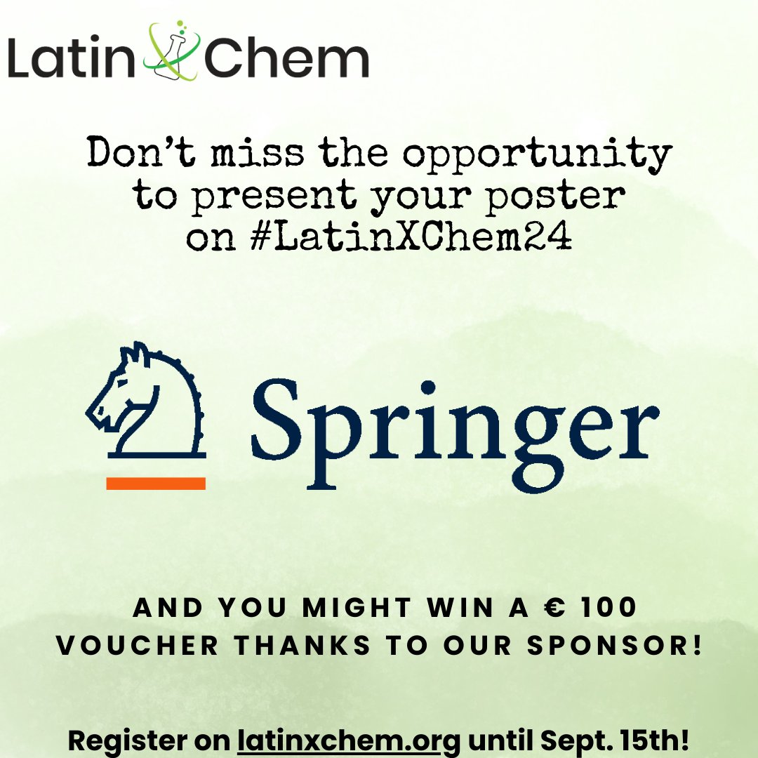 You still have time to register for the next #LatinXChem24 conference which is an excellent opportunity to present your work to a worldwide audience. You can also win one of the €100 vouchers from our sponsor <a href="/Springer_Chem/">Springer Chemistry</a> <a href="/springer1842/">Springer</a>. Register here forms.gle/wFGKqvLQu8CL3D…