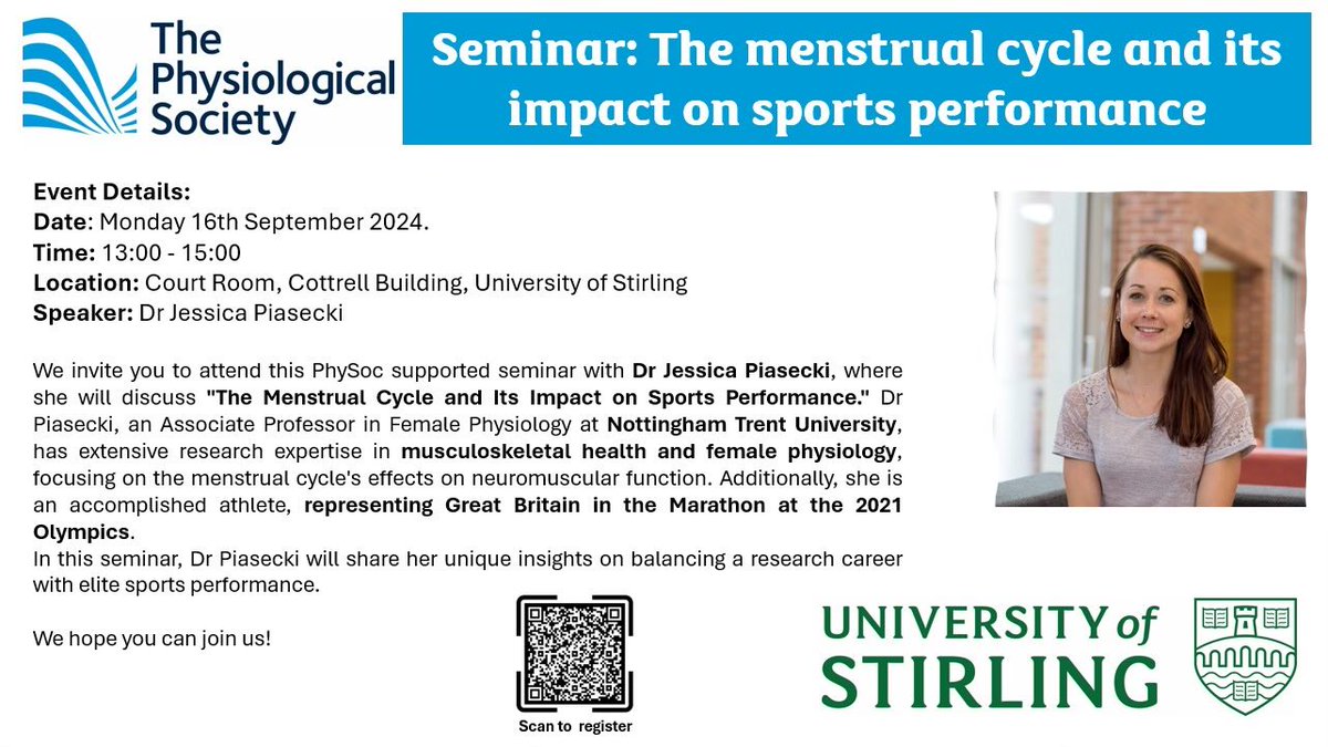 Don’t miss our in-person <a href="/ThePhySoc/">The Physiological Society</a> Seminar: The Menstrual Cycle and its Impact on #Sport #Performance with Dr Jess Piasecki at <a href="/StirUni/">University of Stirling</a>
🗓️ Monday 16th September
🕐 13:00–15:00
📍 Court Room-University of Stirling
💲 Free
Register here: shorturl.at/N32Pj
<a href="/Stir_AcadSport/">Academic Sport at Stirling</a>