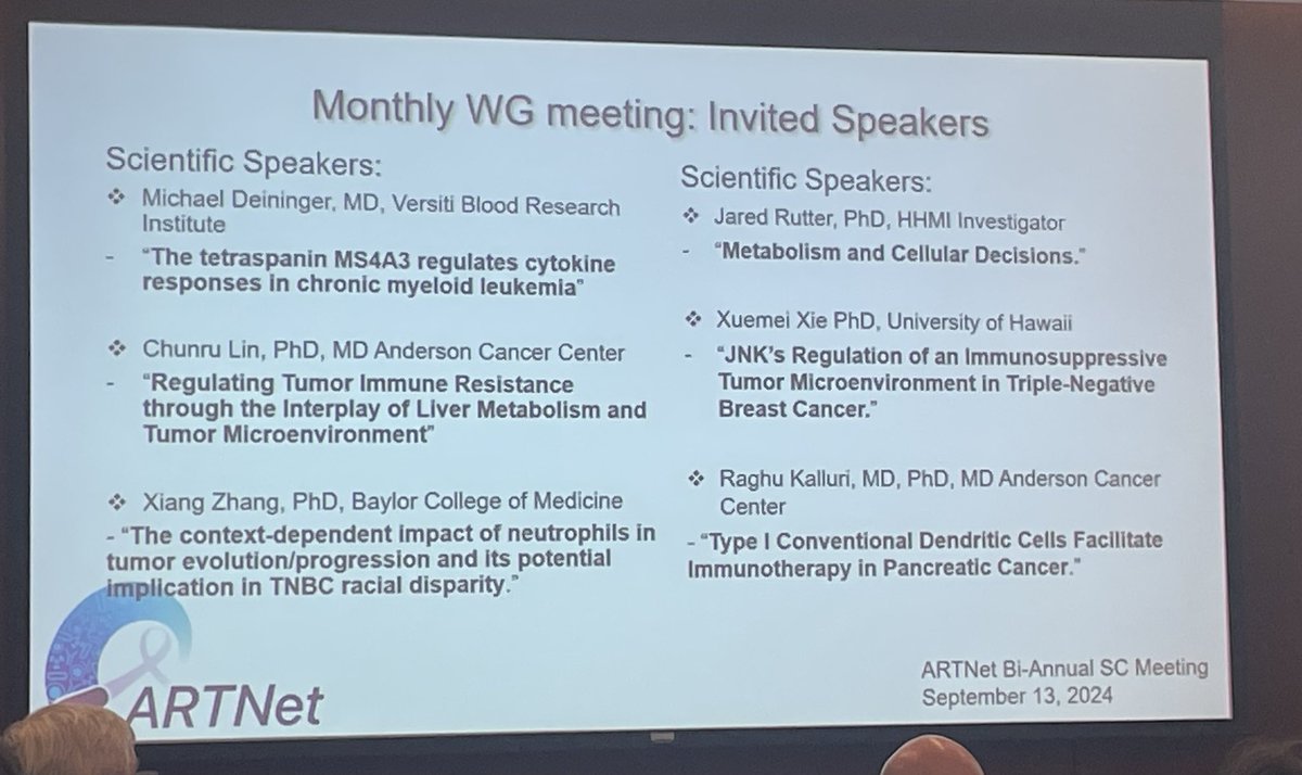 NCIARTNet's tweet photo. Co-Chairs Dr. Chunru Lin (@MDAndersonNews) and Dr. Michael Deininger (@Versiti, joining virtually) share updates on the activities and accomplishments of the Inflammatory Microenvironment and Tumor Cross Talk Working Group. #ARTNetAnnual https://t.co/BKJzSq6lrh