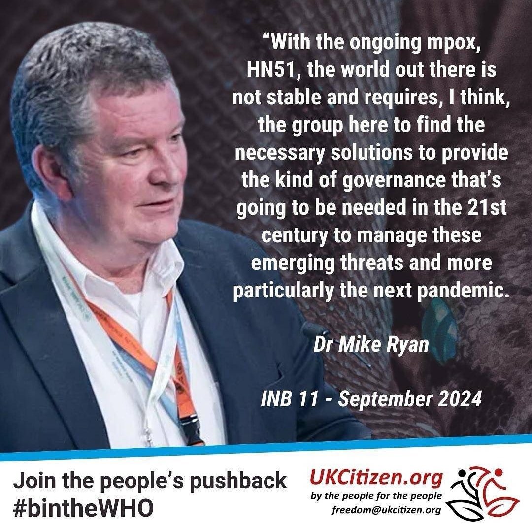 UKcitizen2021's tweet photo. ukcitizen2021: We can rely on Mike Ryan to perpetuate the pandemic fear - this time in the first 5 minutes of the opening session of INB11. Deadline for agreement if they are to meet the end of year goal is 12th November 2024. #binthewho #stopthefear https://t.co/qEcZEUlq76