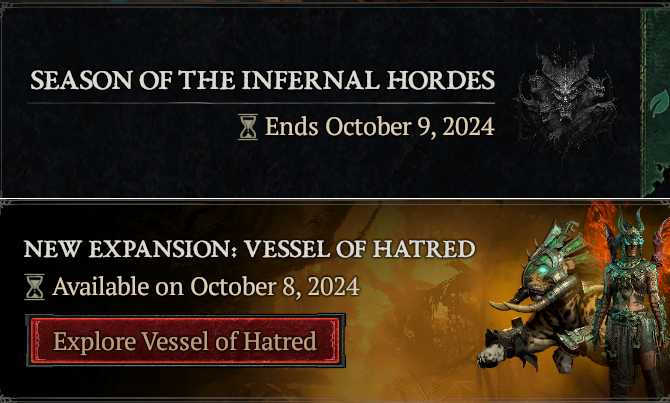 Seniae1972's tweet photo. @PezRadar why does my character selection screen say Expansion starts October 8 and Season of IH ends October 9? https://t.co/kylmua96zb