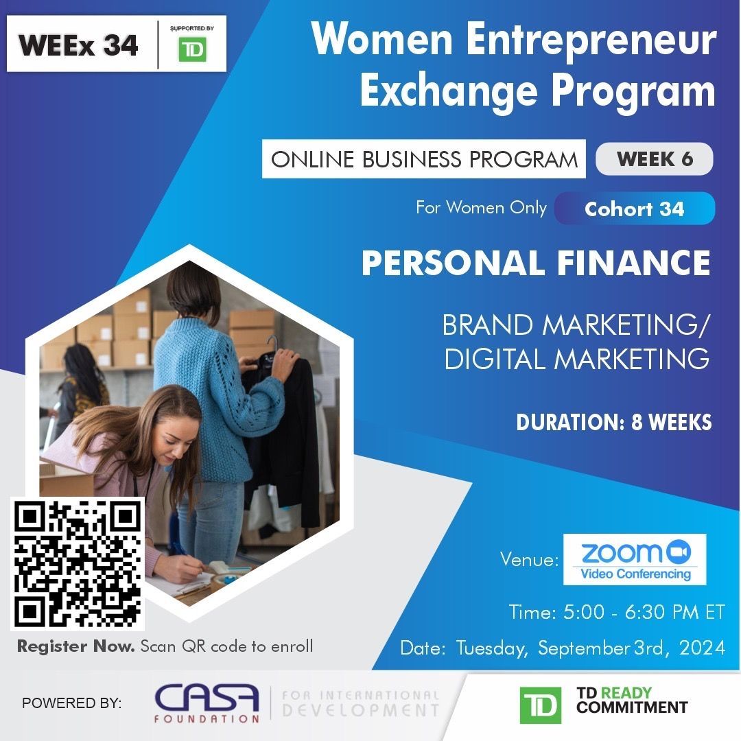 casafoundation's tweet image. 🚀 Women Entrepreneur Exchange Program 🚀
Cohort 34 | Week 6: Personal Finance &amp;amp; Brand/Digital Marketing
📅 Sept 3, 2024 | ⏰ 5:00 - 6:30 PM ET
💻 For Women Only | 8-week Program
Scan the QR code to register now!
#WomenEntrepreneurs #BusinessProgram #DigitalMarketing #Empowerment