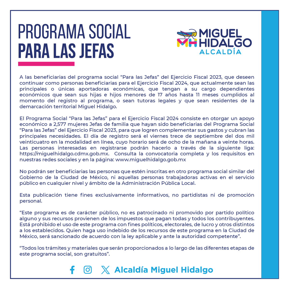En Miguel Hidalgo ponemos PRIMERO A LAS MUJERES, es por ello que te compartimos las bases de inscripción para el programa social #PaLasJefasMH.

🔍Consulta requisitos y la convocatoria completa: miguelhidalgo.cdmx.gob.mx
