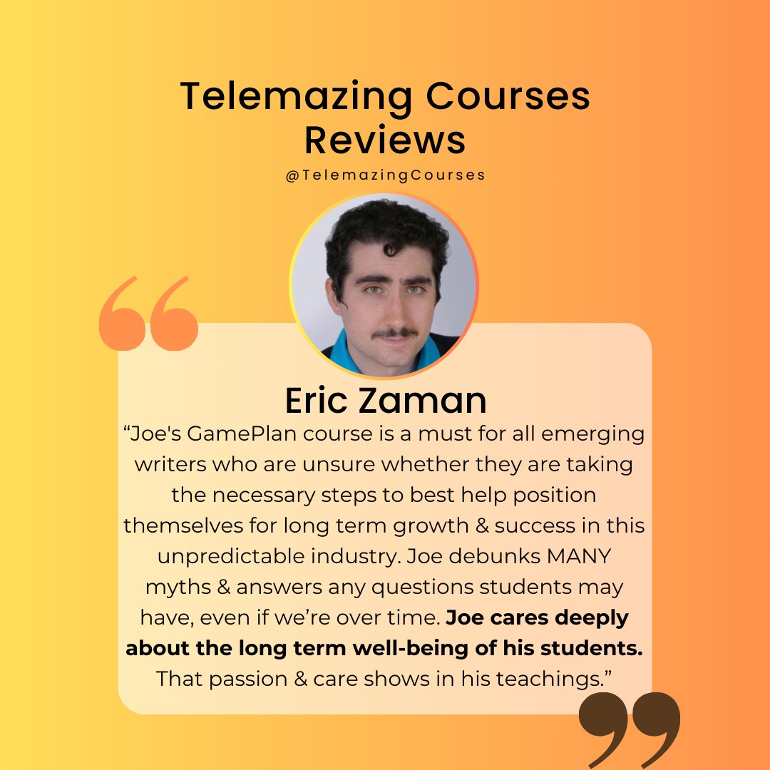 JoeMightLikeTV's tweet photo. My TV writing courses are now open again!

Starting 9/22: GAMEPLAN navigates the path of an emerging writer. BUILD-A-WRITER analyzes pilots/scripts to strengthen your writing skills.

Don't forget my Script Notes Promotion ends 9/15!

More info &amp; reviews @ https://t.co/m5SSQWoyf0 https://t.co/tKgyQS1mkN
